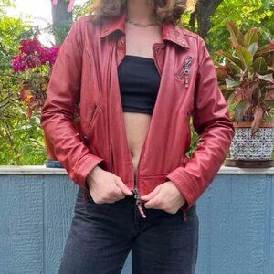For Joseph Vintage Red Leather Streetwear Jacket